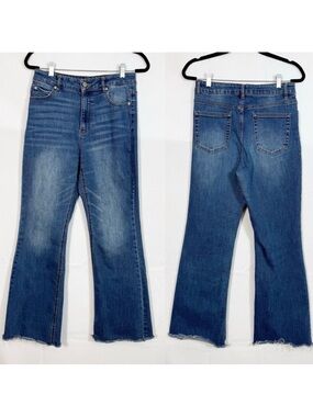 Oat New York High Rise Flare Wide Leg Jeans Raw Hem Medium Dark Wash